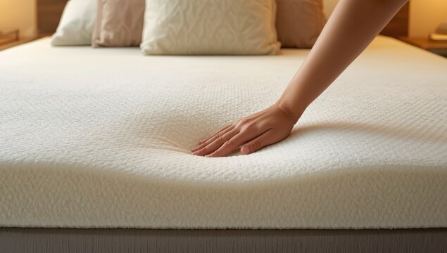 A hand compresses a memory foam mattress