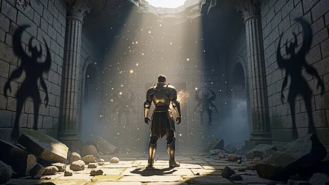 Brave figure examines forgotten subterranean sacred site carefully