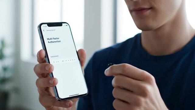 A person uses a smartphone for multi-factor authentication, holding an earbud