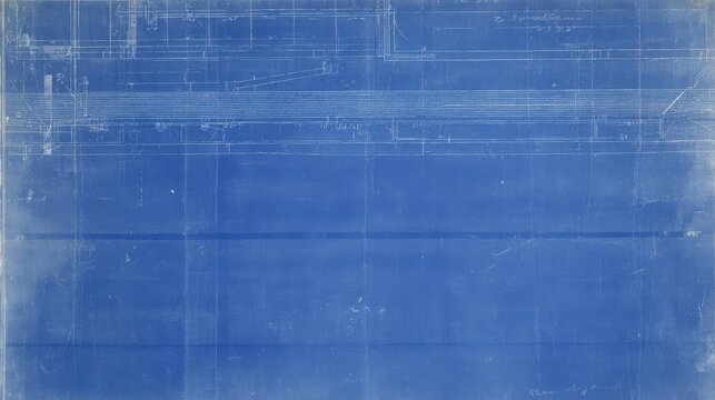 Faded blueprint, dark blue turning pale, white lines barely visible, construction history