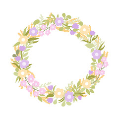 Obraz premium Spring wreath with flowers and green branches. Delicate design for Happy Easter invitation, greeting card, celebration banner, festive poster.
