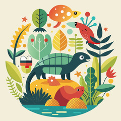 Fototapeta premium Cute Turtle and Friends in a Lush Natural Scene