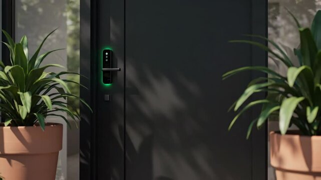 Smart home entrance with electronic door lock and plants in pots at home.