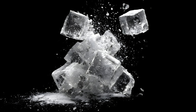 Ice explosion and shattering impact, frozen blocks breaking apart and scattering in air. Super slow motion, 1000 fps. isolated on black background. Dramatic freeze burst effect.