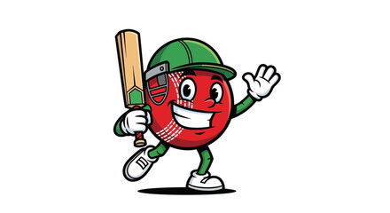 Naklejka premium Smiling cricket ball character in green helmet holding bat