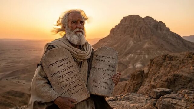 Biblical prophet Moses with a long white beard stands on a rocky mountain peak holding two stone tablets inscribed with the Ten Commandments during a dramatic golden sunset