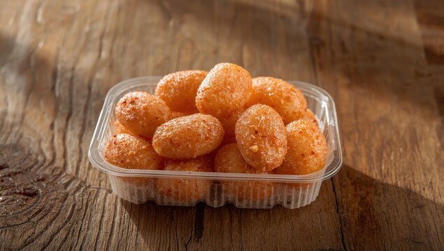 Frozen chicken coxinhas in a plastic container - classic Brazilian pub snacks