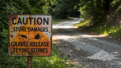Gravel road warning sign for potential stone damage