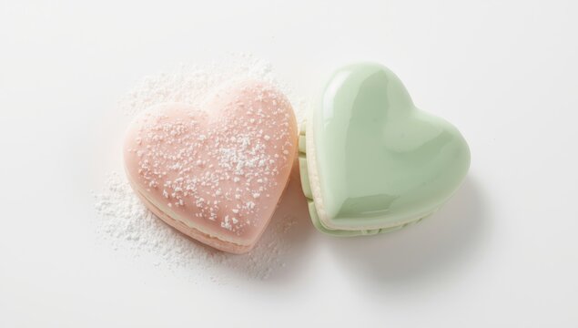 Heart-shaped cornstarch alfajores in two colors on a white backdrop