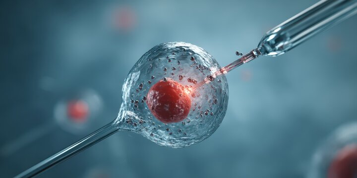 a detailed illustration of an ivf in vitro fertilization procedure, showing the tip of a needle going through the thin wall of an animated cell with visible liquid