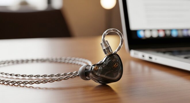 Unbranded In-Ear Monitor Earphones Beside Laptop on Desk