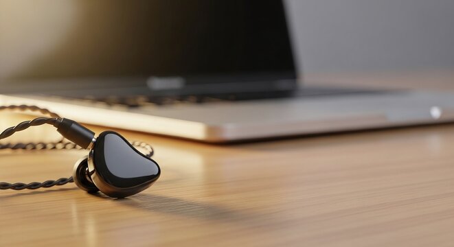 Unbranded In-Ear Monitor Earphones Beside Laptop on Desk