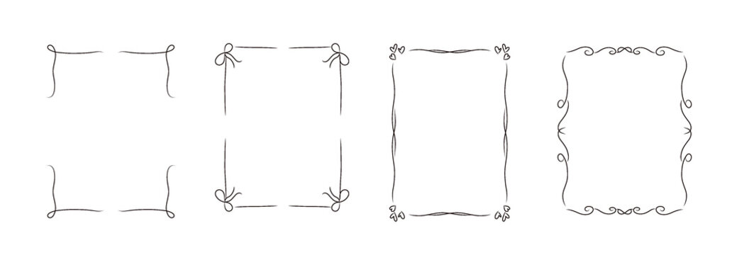 A set of simple, hand-drawn, minimalist, dark, transparent rectangular frames or borders. They include various decorative elements such as plain corners, bows, hearts, and elegant corner swirls