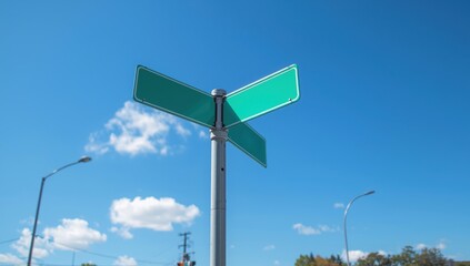 Metal pole with two green street signs against a blue sky and empty space