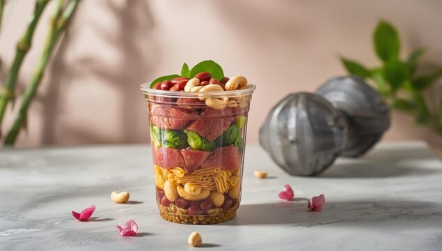 Nutritious protein meal for athletes featuring tuna, Brussels sprouts, Mexican beans, cashews, and whole wheat fusilli in a plastic cup alongside a dumbbell
