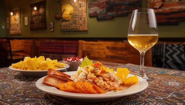 Spicy Peruvian ceviche served with corn, sweet potato, and pork cracklings alongside chifle
