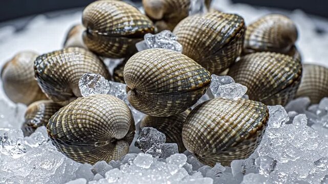 Fresh raw cockles on crushed ice at market close-up