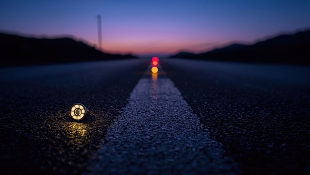Reflective road markers on black pavement enhance visibility and safety for drivers