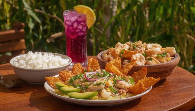 Seafood rice, chicharr&oacute;n, ceviche, and purple corn drink. Peruvian cuisine
