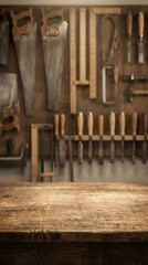 Fototapeta premium Empty wooden dock planks facing a misty lake. Atmospheric background for outdoor product presentation.