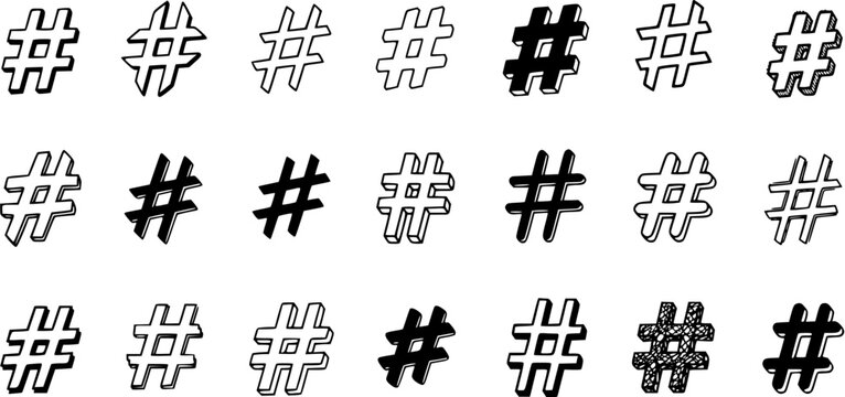 Hashtag Icons Set: Diverse Hand-Drawn Style Collection