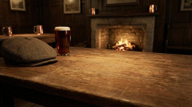 Pint of black beer and vintage cap on a rustic wood surface. Cozy traditional pub background with a burning fireplace for masculine product display.