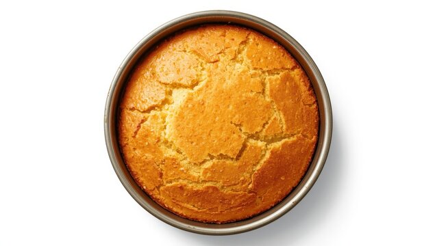 Top view of cornbread in a cake pan on a white background