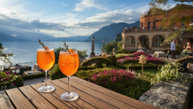 Two Aperol spritz drinks at a dining spot in Lake Como, Italy