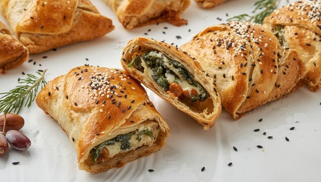Spinach and cheese Turkish rolls. Classic pastry rulo borek topped with sesame seeds. Isolated on white
