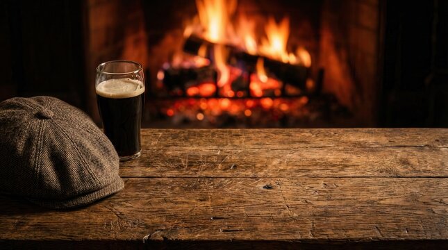 Pint of black beer and vintage cap on a rustic wood surface. Cozy traditional pub background with a burning fireplace for masculine product display.
