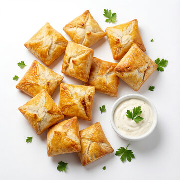 Golden Puff Pastries with Creamy Dip: An overhead view showcases a delectable assortment of golden, flaky puff pastries alongside a small bowl of creamy, white dip, garnished with fresh parsley.