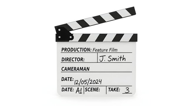 A close-up shot of a film clapperboard with handwritten details for a production, indicating director, cameraman, date, and scene number