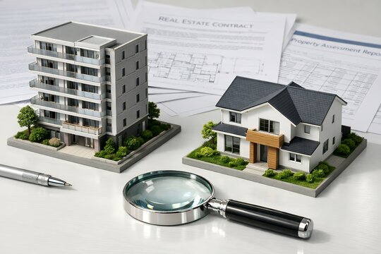不動産売買の契約や物件の査定をイメージしたマンションと戸建ての模型と書類の俯瞰写真