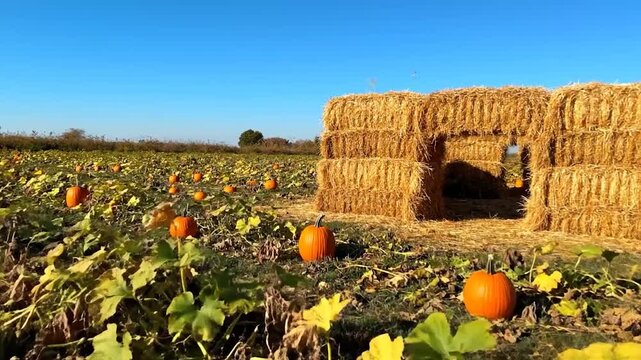 A pumpkin patch in autumn, with hay bales, clear blue sky, and ripe, orange pumpkins