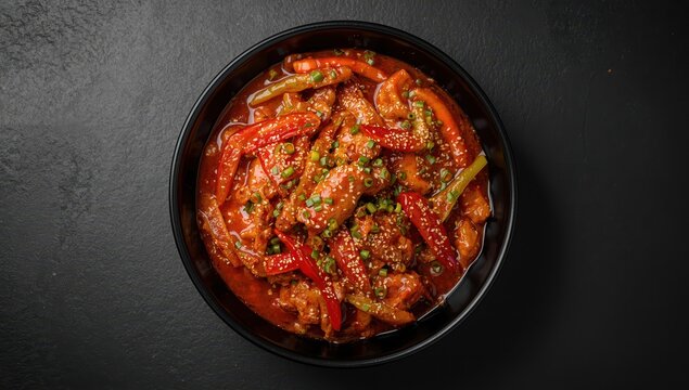 Szechuan or Dragon Chicken served in a black bowl against a dark slate backdrop. This spicy Indo-Chinese dish features chicken, chili peppers, and vegetables