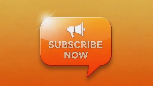 Animated subscribe now button with speech bubble on orange gradient background 4k video