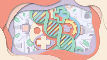 Vibrant Paper Cut Illustration Showcasing the Integration of Genetic Science, Medical Innovation, and Modern Technology Concepts