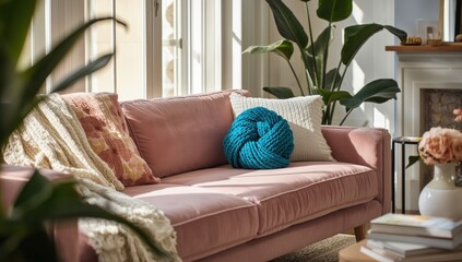 A chic lounge showcases a soft pink sofa draped with a white throw and a blue knot cushion. Ornamental plants elevate the welcoming vibe of this snug area