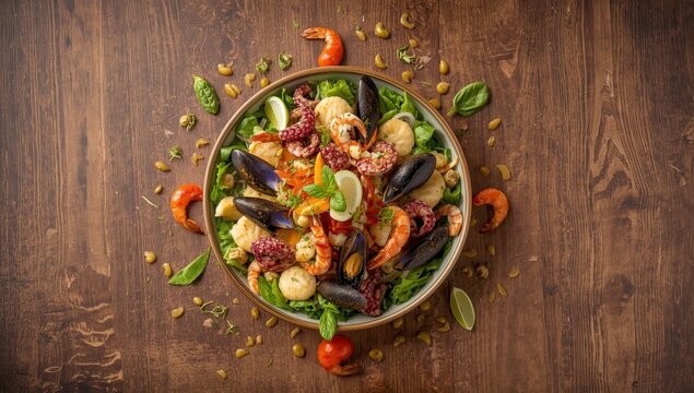 Frozen seafood salad with mussels, rapan, octopus, scallops, and squid on a rustic table, ideal for a healthy snack