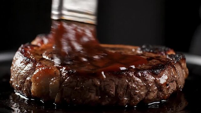 Grilled steak being basted with barbecue sauce