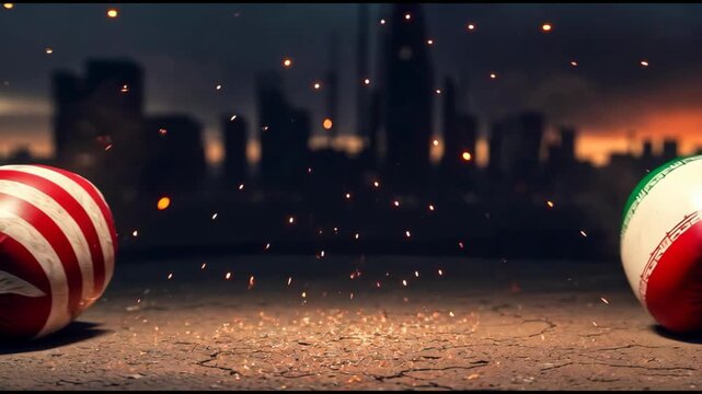 Visualization imagined of USA Iran Conflict Boxing Gloves Colliding with Sparks over Cinematic Dark City Skyline