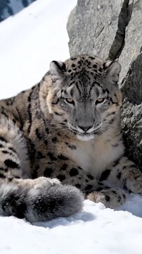 A snow leopard lies on snow in front of a large rock, looking directly at the camera with a serene expression, showcasing its distinctive fur pattern and markings.