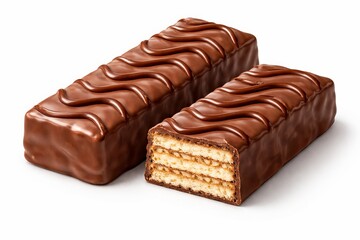Obraz premium A 3D semi-realistic composition of two chocolate-coated wafer bars, one whole and one cut open to reveal layered cream filling. With glossy chocolate coating, smooth wave patterns on top