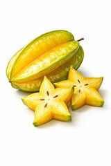 A semi-realistic 3D illustration of a whole glossy starfruit with two sliced star-shaped pieces beside it. With smooth waxy skin, vibrant yellow-green gradients, moist inner flesh, and subtle seeds