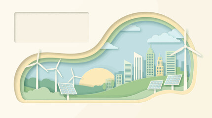 Layered paper art illustration of a vibrant eco-friendly city powered by clean renewable energy, featuring wind turbines and solar panels integrated into a green landscape