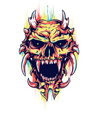 Obraz premium Edgy Horned Demon Skull Illustration with Sharp Fangs and Vibrant Paint Splatters, Aggressive Monster Head Graphic for Streetwear and Heavy Metal Art
