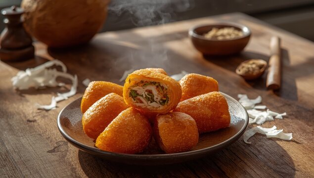 A dish of cucur badak is on the table, a Malaysian sweet potato dessert with coconut filling