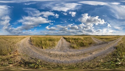 Fototapeta premium 360-degree HDR panorama of gravel country road intersections in fields under a cloudy sky, designed for VR, AR, or sky dome use