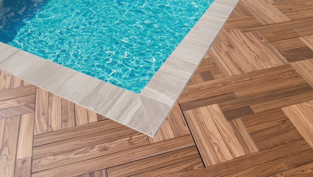 Outdoor pool deck made of composite wood with groutings. Seamless wooden appearance, natural and PVC wood texture. No people present
