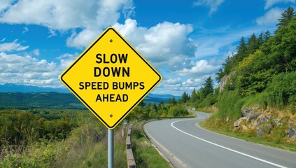 A vivid yellow sign alerts motorists to reduce speed for upcoming speed bumps, promoting road safety